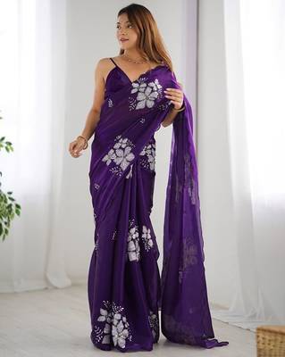 Violet silver floral cutwork embroidered organza party wear saree with blouse piece 1