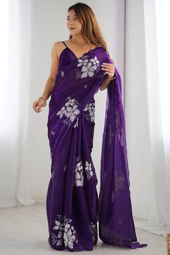 Violet silver floral cutwork embroidered organza party wear saree with blouse piece