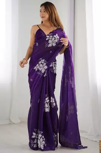 Violet silver floral cutwork embroidered organza party wear saree with blouse piece