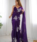 Violet silver floral cutwork embroidered organza party wear saree with blouse piece