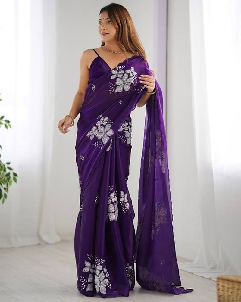 Violet silver floral cutwork embroidered organza party wear saree with blouse piece