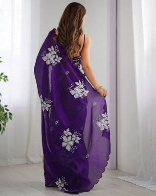 Violet silver floral cutwork embroidered organza party wear saree with blouse piece 3