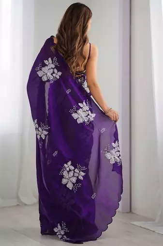 Violet silver floral cutwork embroidered organza party wear saree with blouse piece