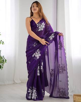 Violet silver floral cutwork embroidered organza party wear saree with blouse piece 4