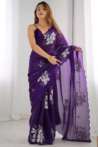 Violet silver floral cutwork embroidered organza party wear saree with blouse piece