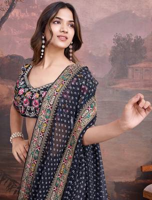 Black bandhani printed georgette saree with multi-color embroidered border and blouse piece 2