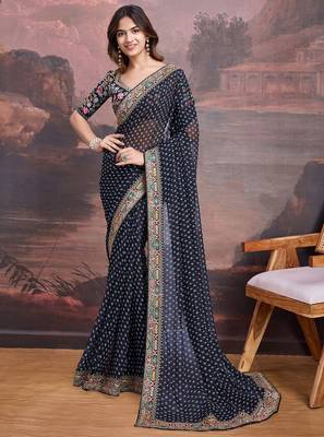 Black bandhani printed georgette saree with multi-color embroidered border and blouse piece 1