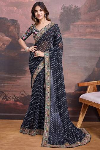 Black bandhani printed georgette saree with multi-color embroidered border and blouse piece