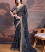 Black bandhani printed georgette saree with multi-color embroidered border and blouse piece
