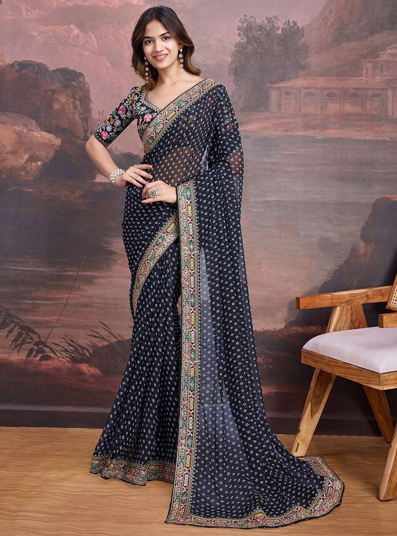 Black bandhani printed georgette saree with multi-color embroidered border and blouse piece