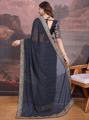 Black bandhani printed georgette saree with multi-color embroidered border and blouse piece 4