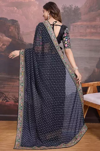 Black bandhani printed georgette saree with multi-color embroidered border and blouse piece