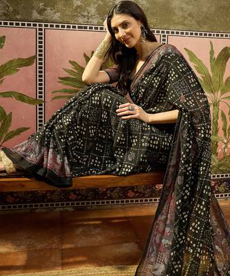 Black georgette bandhni saree with unstitched blouse piece 1