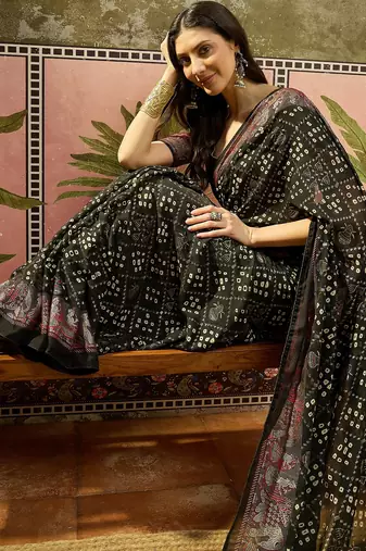Black georgette bandhni saree with unstitched blouse piece