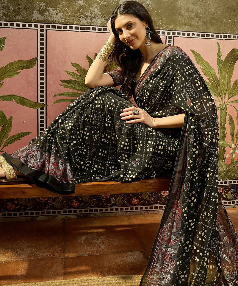 Black georgette bandhni saree with unstitched blouse piece
