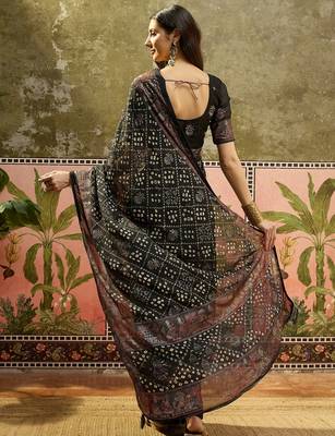 Black georgette bandhni saree with unstitched blouse piece 2