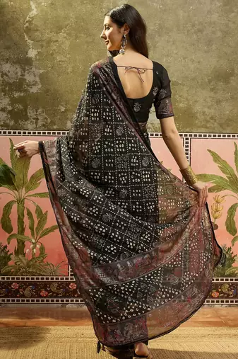 Black georgette bandhni saree with unstitched blouse piece