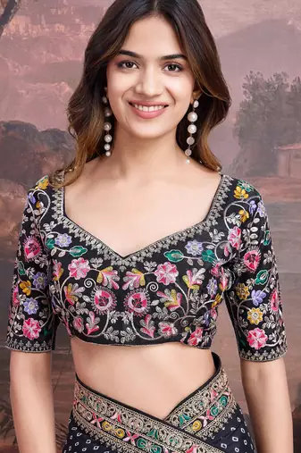 Black bandhani printed georgette saree with multi-color embroidered border and blouse piece