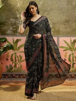 Black georgette bandhni saree with unstitched blouse piece 3