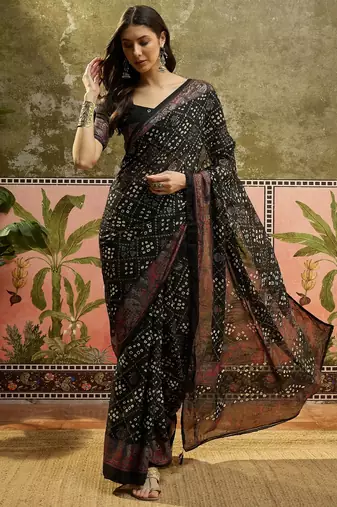 Black georgette bandhni saree with unstitched blouse piece