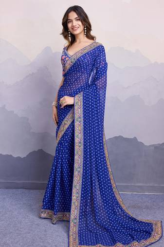 Blue bandhani printed georgette saree with multi-color embroidered border and blouse piece