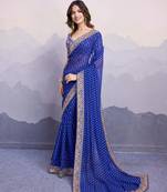 Blue bandhani printed georgette saree with multi-color embroidered border and blouse piece