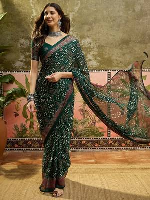 Green georgette bandhni saree with unstitched blouse piece 2