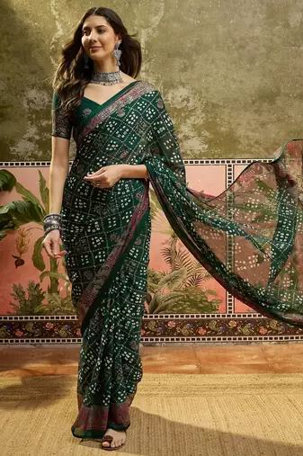 Green georgette bandhni saree with unstitched blouse piece
