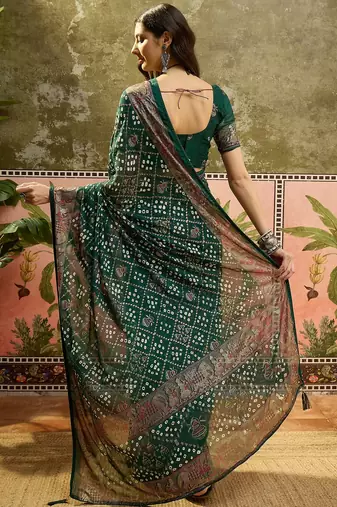 Green georgette bandhni saree with unstitched blouse piece