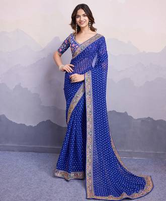 Blue bandhani printed georgette saree with multi-color embroidered border and blouse piece 4