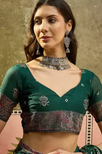 Green georgette bandhni saree with unstitched blouse piece