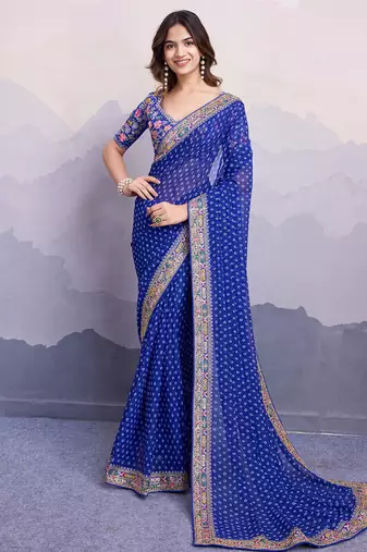 Blue bandhani printed georgette saree with multi-color embroidered border and blouse piece