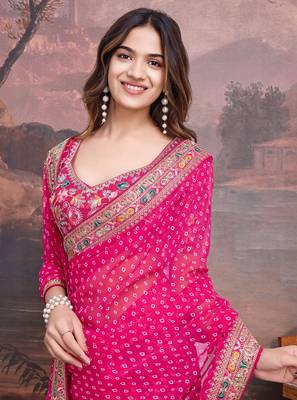 Pink bandhani printed georgette saree with multi-color embroidered border and blouse piece 2