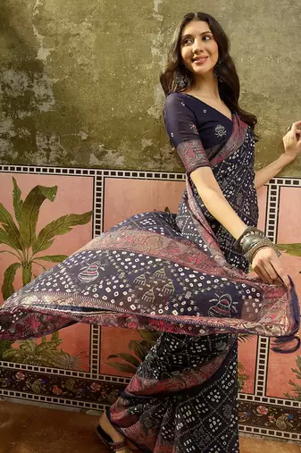Navy blue georgette bandhni saree with unstitched blouse piece