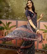 Navy blue georgette bandhni saree with unstitched blouse piece