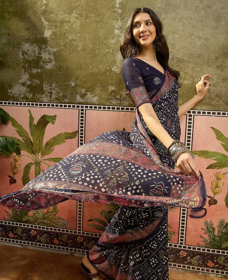 Navy blue georgette bandhni saree with unstitched blouse piece