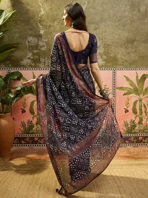 Navy blue georgette bandhni saree with unstitched blouse piece 2