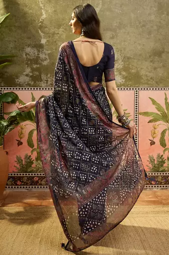Navy blue georgette bandhni saree with unstitched blouse piece