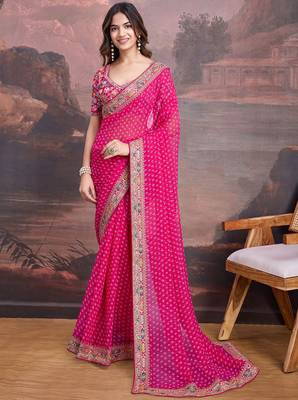 Pink bandhani printed georgette saree with multi-color embroidered border and blouse piece 1