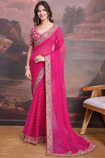 Pink bandhani printed georgette saree with multi-color embroidered border and blouse piece