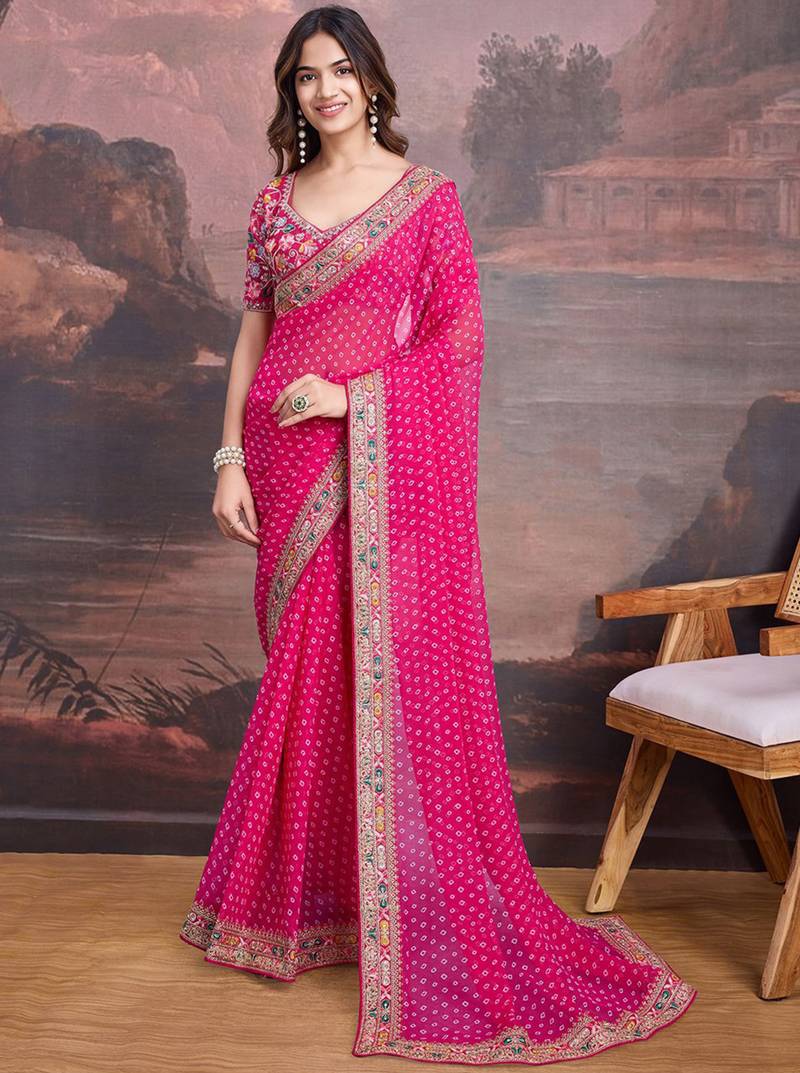 Pink bandhani printed georgette saree with multi-color embroidered border and blouse piece