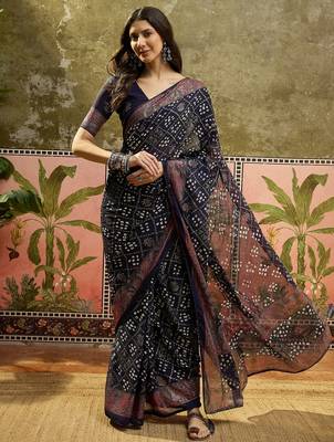 Navy blue georgette bandhni saree with unstitched blouse piece 3