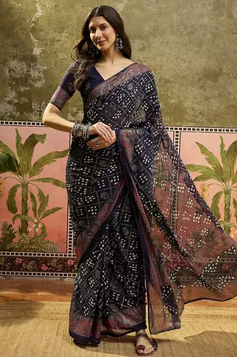 Navy blue georgette bandhni saree with unstitched blouse piece