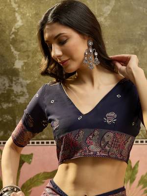 Navy blue georgette bandhni saree with unstitched blouse piece 4