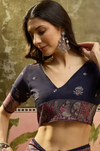 Navy blue georgette bandhni saree with unstitched blouse piece