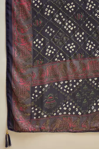 Navy blue georgette bandhni saree with unstitched blouse piece