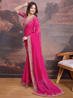 Pink bandhani printed georgette saree with multi-color embroidered border and blouse piece 4
