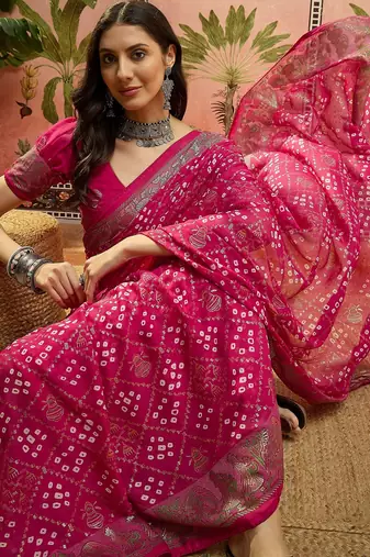 Rani georgette bandhni saree with unstitched blouse piece