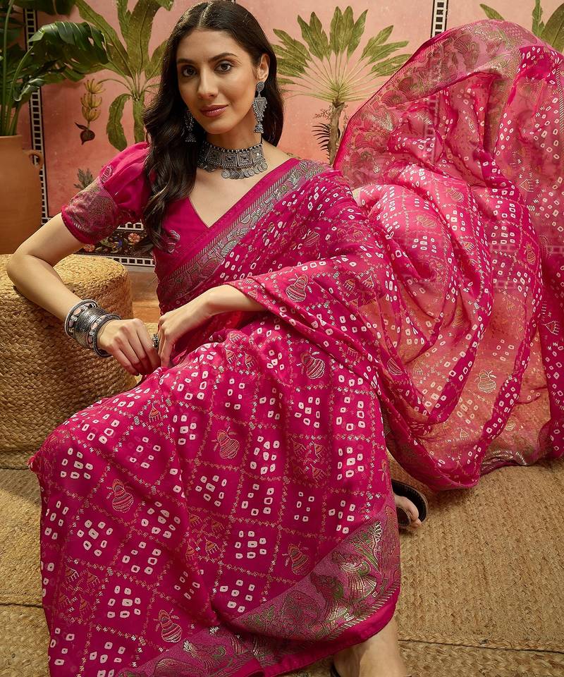 Rani georgette bandhni saree with unstitched blouse piece