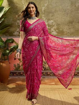 Rani georgette bandhni saree with unstitched blouse piece 2